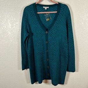 Isaac Mizrahi Live Blue Abstract Print Long Line Button Down Cardigan Size 1x